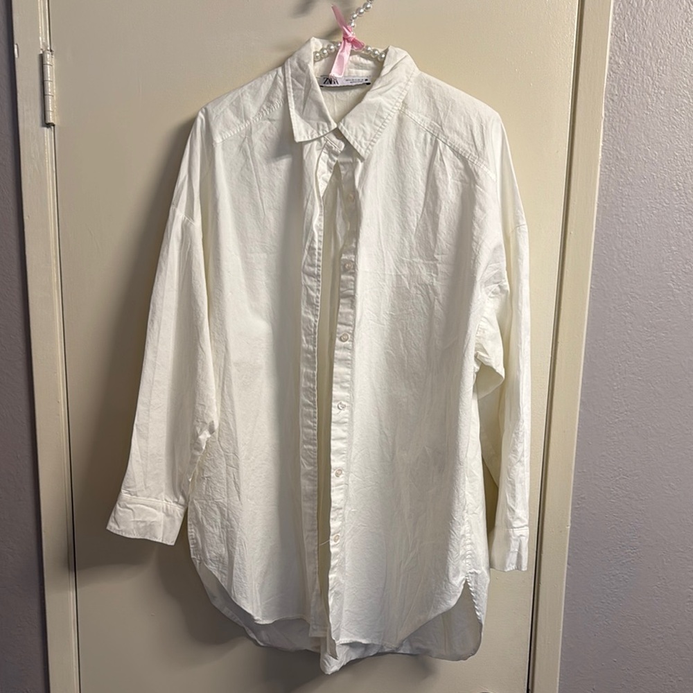 Zara White Poplin Cotton Collared Oversized Button Up Top